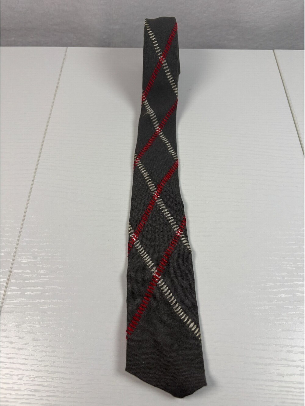 Vintage 1950s Fernleigh Skinny Tie Charcoal Embroidered Diamond Rockabilly Ties